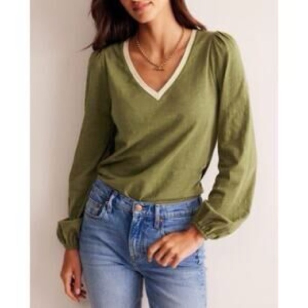 Boden Metallic Trim Long Sleeve Top Size 4 Green Gold Preppy Casual Women’s